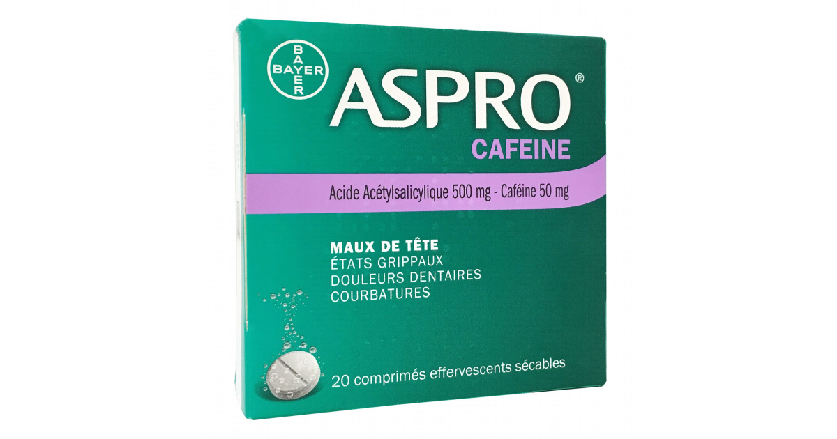 Aspro Caféiné 500mg 50mg 20 comprimés effervescents Bayer Pharmacie